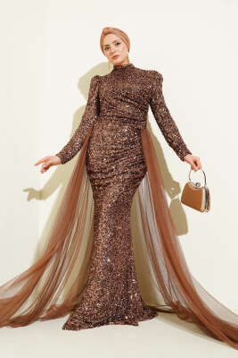 Tül Pelerinli Pul Payet Abiye Elbise Kahve - Elbise