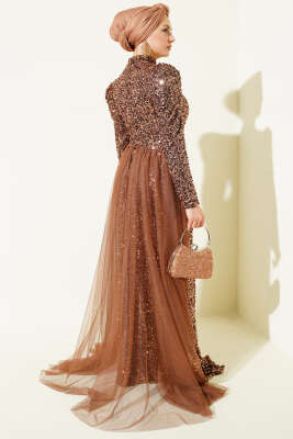 Tül Pelerinli Pul Payet Abiye Elbise Kahve - Elbise
