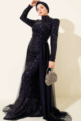 Tül Pelerinli Pul Payet Abiye Elbise Lacivert - CNR TEKSTİL