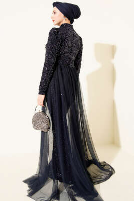 Tül Pelerinli Pul Payet Abiye Elbise Lacivert - Elbise