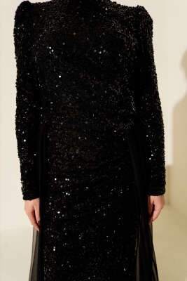 Tül Pelerinli Pul Payet Abiye Elbise Siyah - Elbise