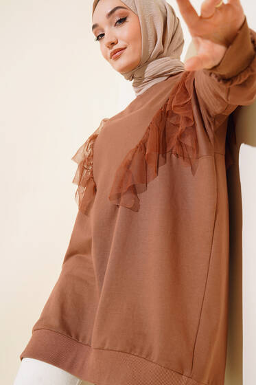 Tül Süslemeli Tunik Kahve - Tunik