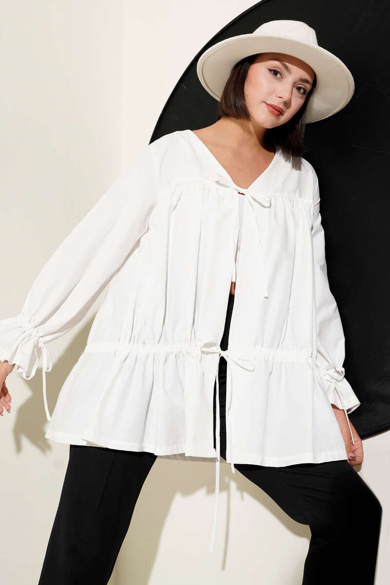 Tünelli Büzgülü Kimono Beyaz