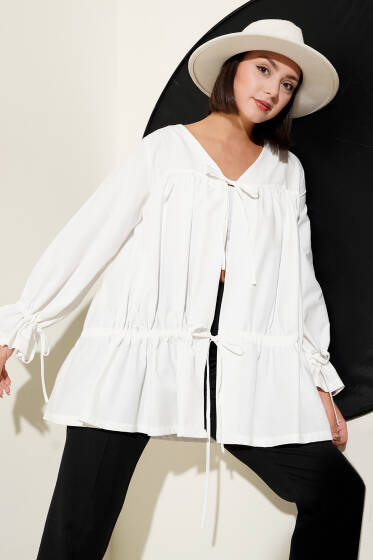 Tünelli Büzgülü Kimono Beyaz - Dış Giyim&Mont