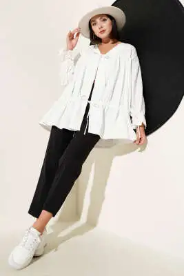Tünelli Büzgülü Kimono Beyaz - Dış Giyim&Mont