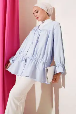 Tünelli Büzgülü Kimono Mavi 