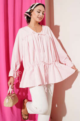 Tünelli Büzgülü Kimono Pembe - DUFON