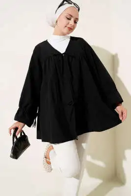 Tünelli Büzgülü Kimono Siyah 