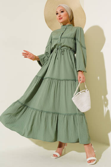 Tünelli Dantel Detaylı Elbise Çağla Yeşili - Elbise