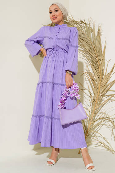 Tünelli Dantel Detaylı Elbise Lila - Elbise