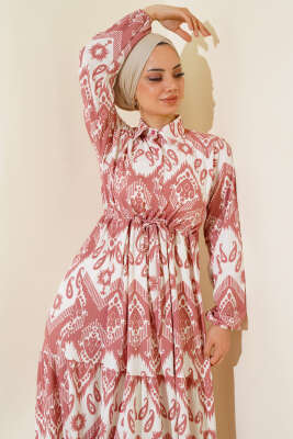 Tünelli Desenli Elbise Gül Kurusu - Tesettür Elbise