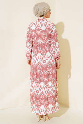 Tünelli Desenli Elbise Gül Kurusu - Tesettür Elbise