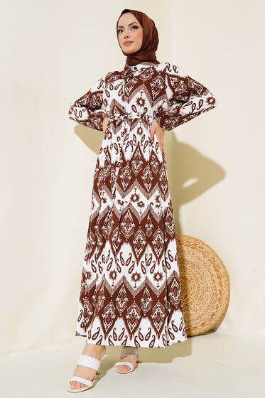 Tünelli Desenli Elbise Kahve - Tesettür Elbise