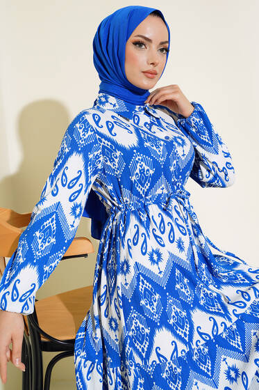 Tünelli Desenli Elbise Saks - Tesettür Elbise