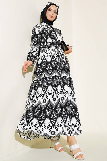 Tünelli Desenli Elbise Siyah - Tesettür Elbise