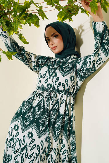 Tünelli Desenli Elbise Zümrüt - Tesettür Elbise