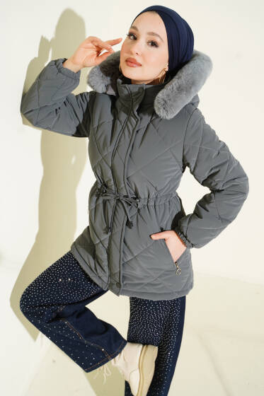 Tünelli Kapüşonlu Kısa Kapitone Mont Füme - Mont