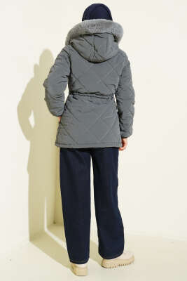 Tünelli Kapüşonlu Kısa Kapitone Mont Füme - Mont