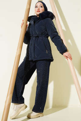 Tünelli Kapüşonlu Kısa Kapitone Mont Lacivert - Mont