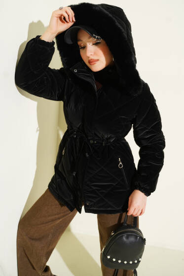 Tünelli Kapüşonlu Kısa Kapitone Mont Siyah - Mont