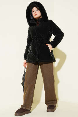 Tünelli Kapüşonlu Kısa Kapitone Mont Siyah - Mont