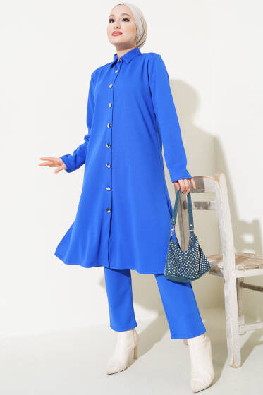 Tunikli Metal Düğmeli İkili Takım Saks - İkili Takım