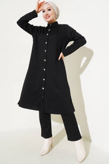 Tunikli Metal Düğmeli İkili Takım Siyah - İkili Takım
