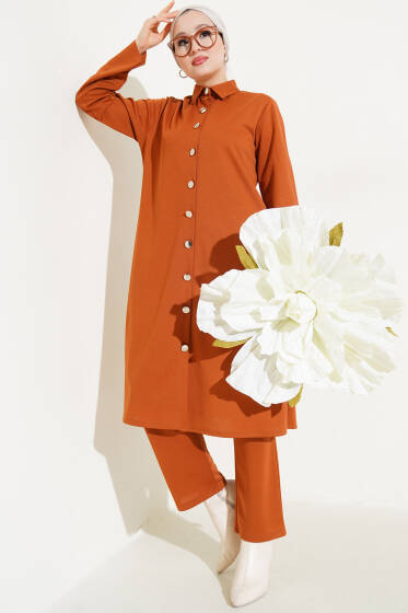 Tunikli Metal Düğmeli İkili Takım Taba - İkili Takım