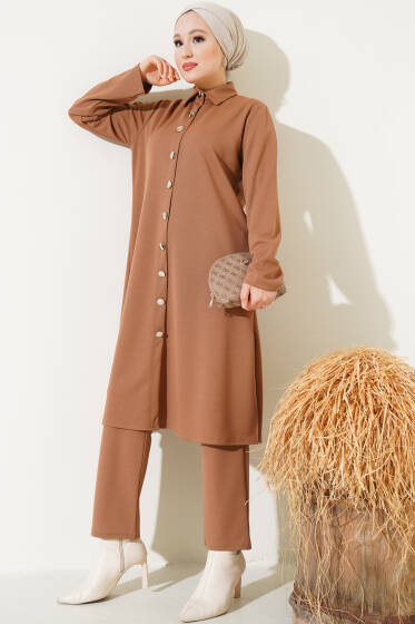 Tunikli Metal Düğmeli İkili Takım Vizon - İkili Takım