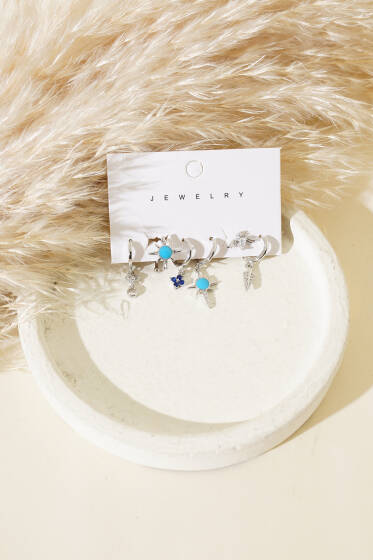 Turkuaz Renkli Karışık Küpe Set Gümüş - Küpe