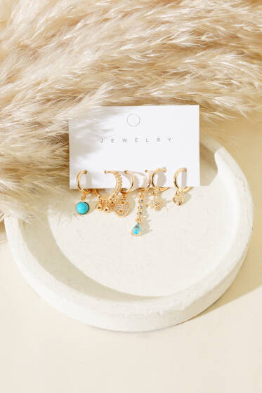 Turkuaz Taşlı Karışık Küpe Set Gold - Küpe