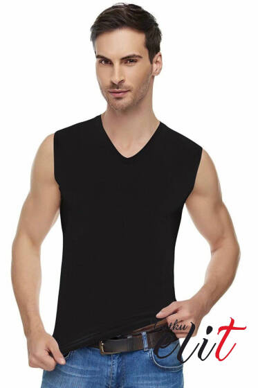 Tutku Elit Elastan V Yaka Sıfır Kol Atlet Siyah - Tutku Elit