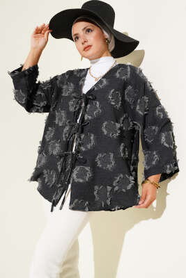 Üç Bağcıklı Püsküllü Kimono Antrasit - Dış Giyim&Mont