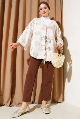 Üç Bağcıklı Püsküllü Kimono Bej - Dış Giyim&Mont