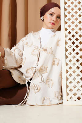 Üç Bağcıklı Püsküllü Kimono Bej 