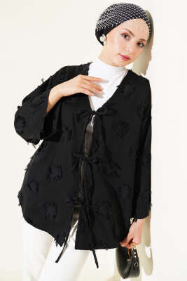 Üç Bağcıklı Püsküllü Kimono Siyah - Dış Giyim&Mont