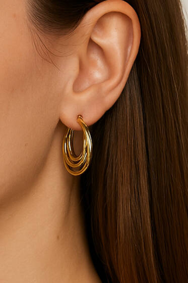 Üç Bantlı Halka Küpe Gold - Küpe