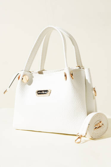 Üç Bölmeli Armalı Çanta Beyaz - Kol Çantası