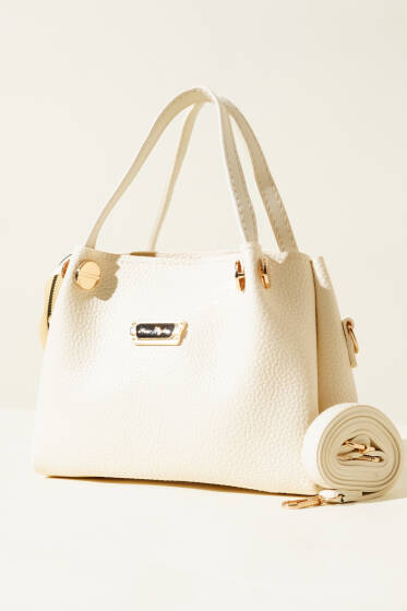 Üç Bölmeli Armalı Çanta Krem - Kol Çantası