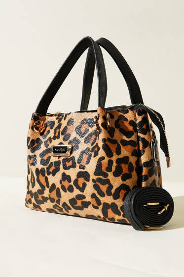 Üç Bölmeli Armalı Çanta Leopar - Kol Çantası