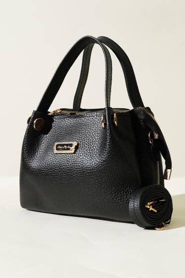 Üç Bölmeli Armalı Çanta Siyah - Kol Çantası