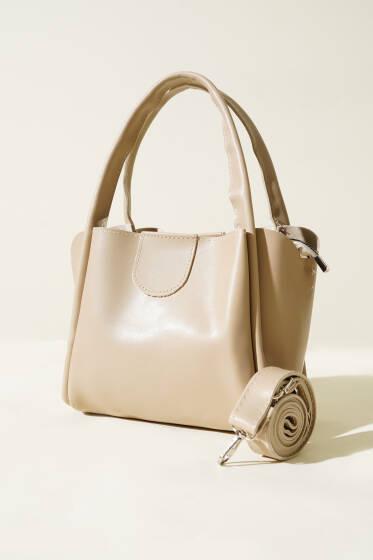 Üç Bölmeli Fermuarlı Çanta Bej - Kol Çantası