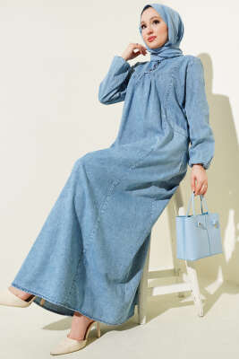 Üç Düğmeli Cepli Kot Elbise Kot Mavisi - Tesettür Elbise