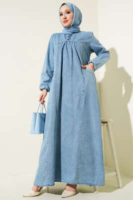 Üç Düğmeli Cepli Kot Elbise Kot Mavisi - Tesettür Elbise