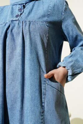 Üç Düğmeli Cepli Kot Elbise Kot Mavisi - Tesettür Elbise