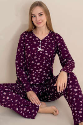 Üç Düğmeli Çiçekli Pijama Takımı Mürdüm - Pijama