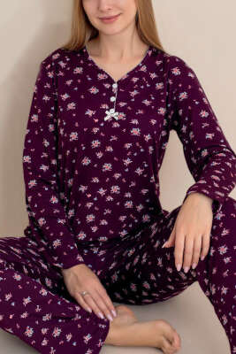 Üç Düğmeli Çiçekli Pijama Takımı Mürdüm - Pijama