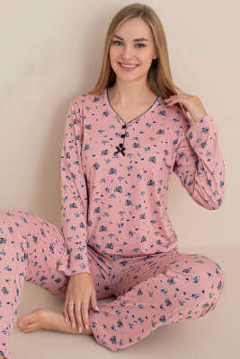 Üç Düğmeli Çiçekli Pijama Takımı Pudra 
