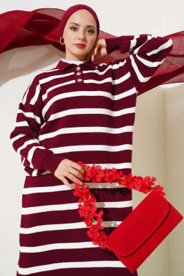 Üç Düğmeli Çizgili Triko Elbise Bordo - Tesettür Elbise