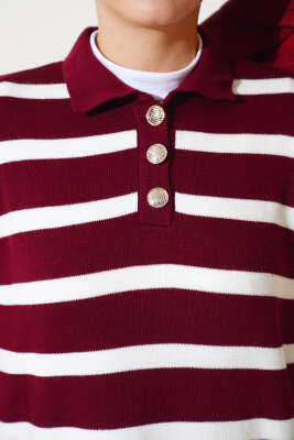 Üç Düğmeli Çizgili Triko Elbise Bordo - Tesettür Elbise